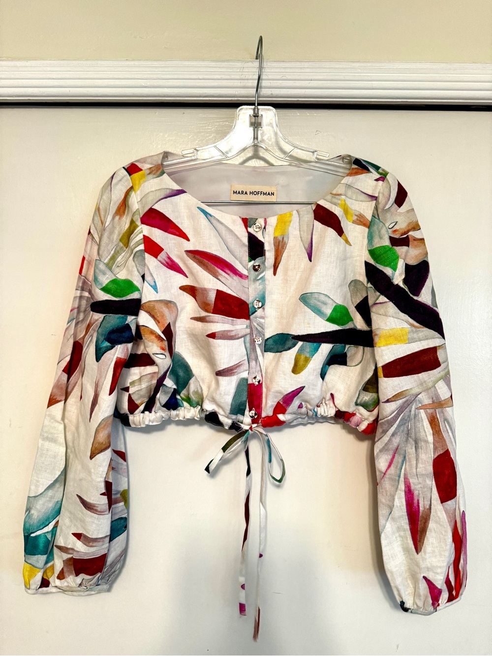 Mara Hoffman White Linen Cropped Button-Front Top with Multi-Color Leaf Print